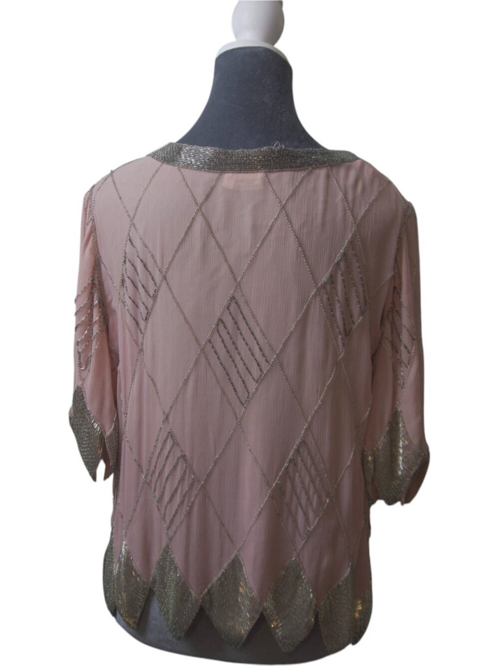Judith Ann Creations 100% Silk Dusty Pink Silver Beaded Art Deco Top M - Picture 3 of 16